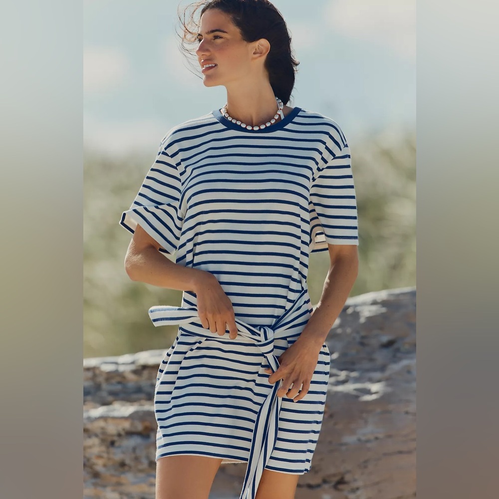 NWT! Anthropologie Navy Stripe Daily Practice Tie-Waist Mini T-Shirt Dress 🧁
